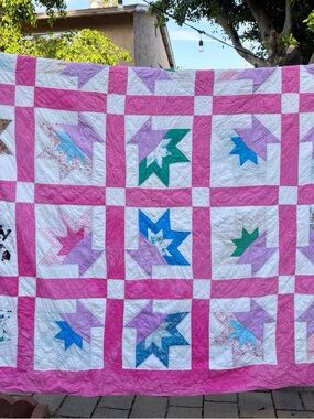Vintage Pink Quilt Patchwork Handmade Cottage Farmhouse 72” X 88”